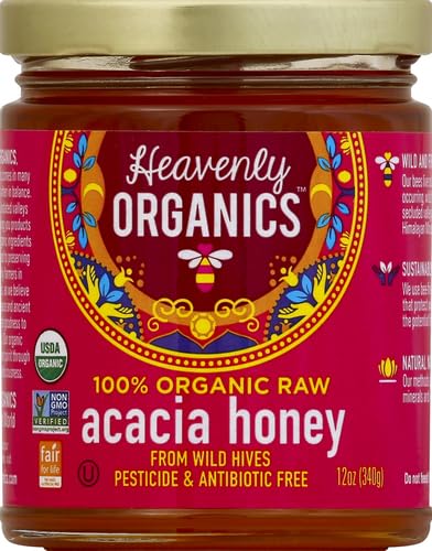 100% (12oz) Heavenly Organics Organic Raw Acacia Honey Lightly Filtered - Made from Wild Beehives & Free Range Bees;