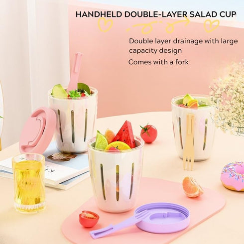 500ml Portable Salad Fruit Cup with Fork Leakproof To-Go Breakfast Yogurt Cup Double-Layer Strainer Design for Picnic