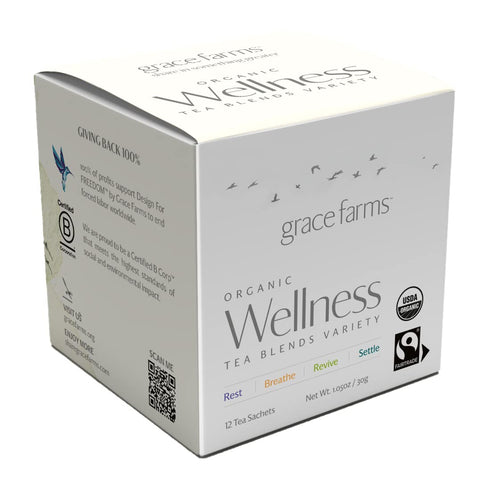 Grace Farms Wellness Organic Tea Blend Variety Box, 12 Sachets | BREATHE, REST, REVIVE, SETTLE with Adaptogens
