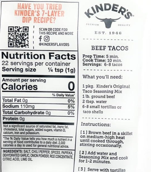 2 packets Kinder's Seasoning Mixes - (Taco Seasoning Original Taco)