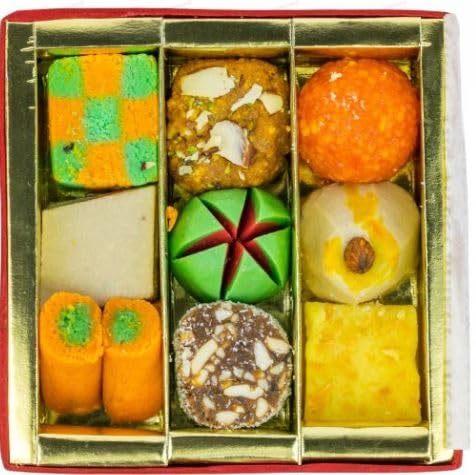 12oz Sukhadia Sweets - Red Bandhani Small Square Box - Premium Assorted Sweets - Indian Mithai Gift - Freshly Made