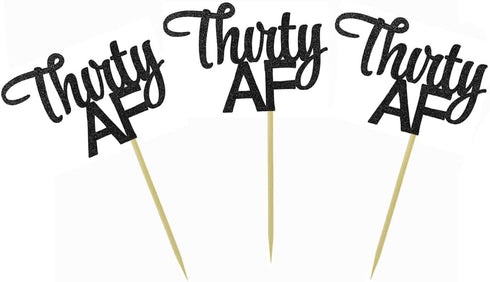 Morndew 24 PCS Black Glittery Thirty AF Cupcake Toppers for 30th Birthday, Anniversary, Retirement Party Decorations