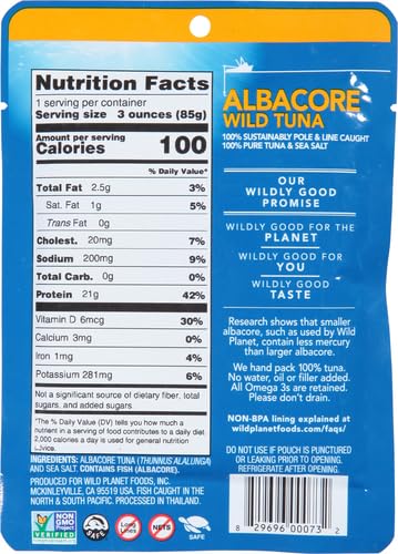 Wild Planet Wild Albacore Tuna, Sea Salt, Sustainably Wild-Caught, 3 Ounce Pouch (Pack of 1)