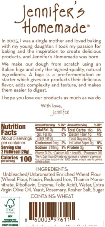5 OZ JENNIFERS HOMEMADE Rosemary Flatbread, VEGAN All Natural, Made with extra virgin olive oil, Crunchy and delicious