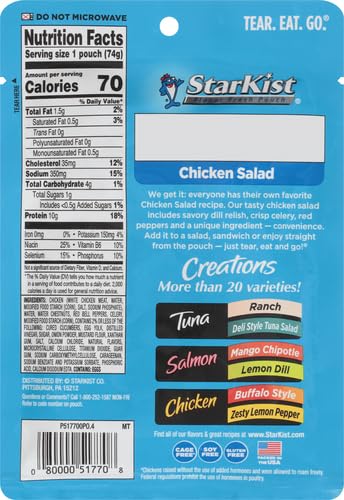 (2.6 oz) (Pack 4) StarKist Chicken Creations Chicken Salad Pouch Fully Cooked High Protein White Meat, Gluten Free, Soy