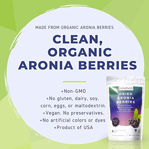 powbab Dried Aronia Berries, 100% USA Grown Organic Chokeberry, No Added Sugar, Whole Black Chokeberry (6.5 oz)