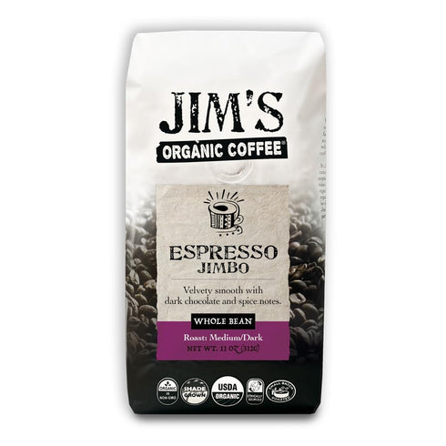 Jims Organic Coffee Espresso Jimbo: Whole Bean Medium/Dark Roast 11oz Bag Certified