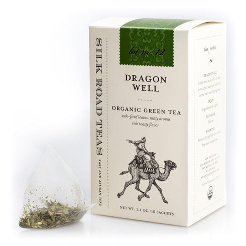 Silk Road Teas Longjing Dragon Well Organic Green Tea, Wok-Fired Leaves, Toasty Flavors, 15 Tea Bags