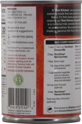 13.66 oz (Pack 6) Thai Kitchen Coconut Milk, Unsweetened, Non Dairy Milk Substitute, Gluten Free, Non GMO