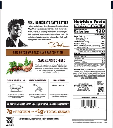 7g 16 oz.(Pack 2) Duke's Pork Original Smoked Shorty Sausages, Protein Per Serving