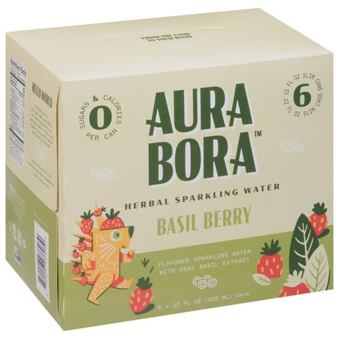 Aura Bora, Basil Berry Herbal Sparkling Water, 12 Fl Oz, 6 Pack