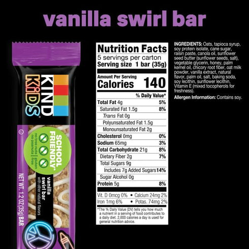 5g 40 Count KIND Kids Granola Bars, Vanilla Swirl, Gluten Free, Low Sodium, Peanut and Tree Nut Free Snacks, Protein