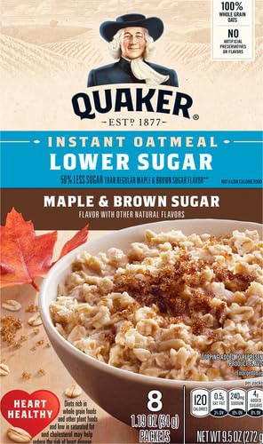 1.19oz Packets, 8 Count (Pack 1) Quaker Lower Sugar Instant Oatmeal, Maple Brown Sugar