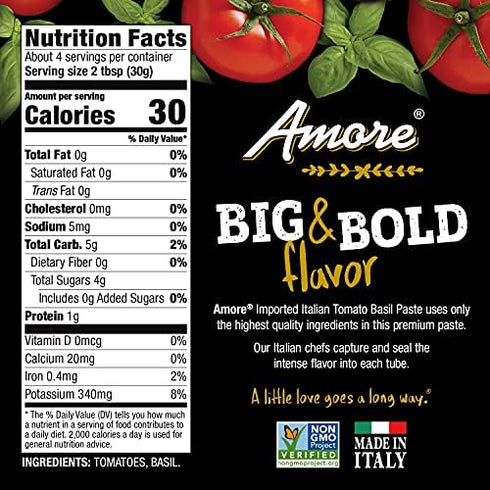 Amore (Pack 1) Vegan Basil Tomato Paste In A Tube - Non GMO Certified and Made In Italy