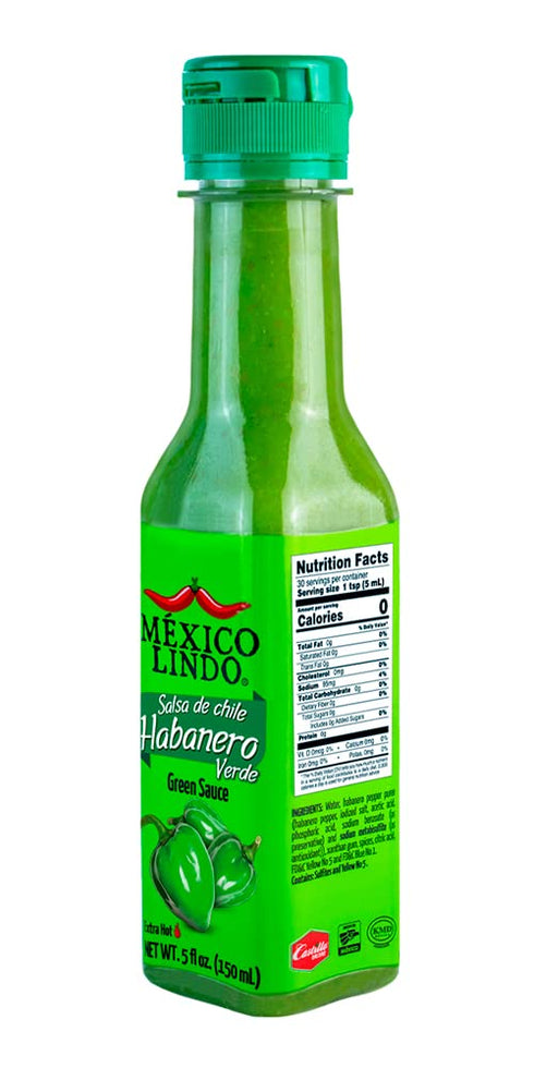 Mexico Lindo Green Habanero Hot Sauce | Real Green Habanero Chili Pepper | 5 Fl Oz Bottle (Pack of 1)