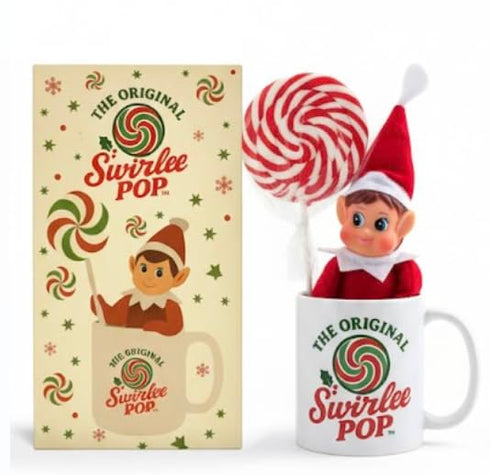 Swirlee Pop Set Christmas Elf Mug Gift Boy Elf in Ceramic Coffee Mug with Giant Peppermint Swirl Lollipop & Ornaments