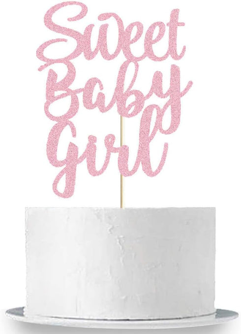 Sweet Baby Girl Cake Topper, Rose Gold Glitter for Newborn Gender Reveal, Baby One Month, 1st Birthday Party Supplies