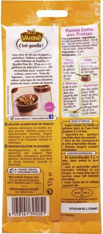 Vahine Feuilles de Gelatine French Gelatin Sheets, 9 sheets