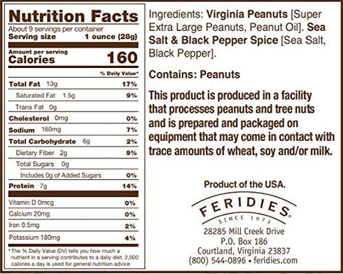 9oz FERIDIES Salt and Pepper Peanuts, Super Extra Large Salted Virginia Peanuts, CAN