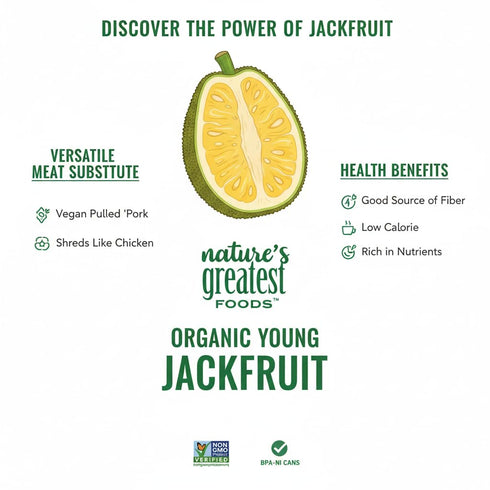 14 oz (Pack 6) Natures Greatest Foods Organic Canned Young Green Jackfruit, Plant-Based Meat Alternative, Shredded