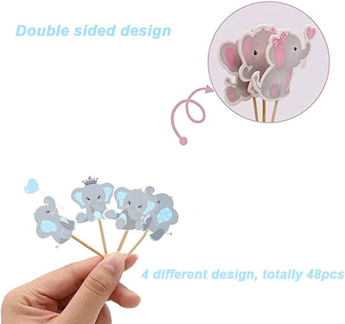 48pcs Blue Elephant Cupcake Toppers, Double Sided It is A Boy Picks for Elephant Theme Birthday Party Supplies