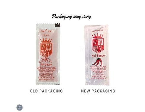 KPAK packets 50 count Packaged 6x9 inch 17.5 oz W.Y. Industries Chinese Takeout Hot Sauce single serve. in food safe