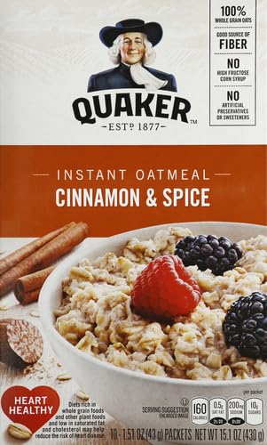 1.51 (Pack 10) Quaker, Instant Oatmeal, Cinnamon and Spice, Ounce