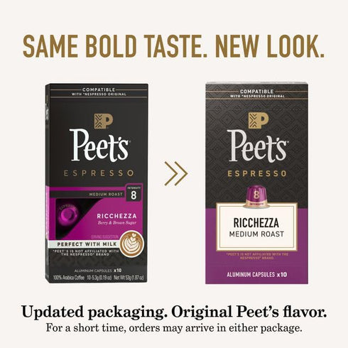 100% 8, 50 Count (5 10 Peet's Coffee, Medium Roast Espresso Capsules, Compatible with Nespresso Original Machine