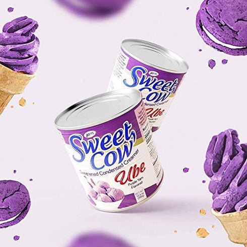 Sweet Cow 13.4 Oz 4-Pack Ube Purple Yam Sweetened Condensed Milk Creamer by Jans with Stainless Steel Mini Sauce Spoon