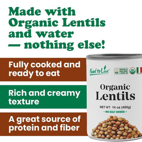 14 oz (Pack 1) Food to Live Organic Canned Lentils, of Unsalted, Non-GMO, Vegan. Ready to Eat. Perfect for Salads