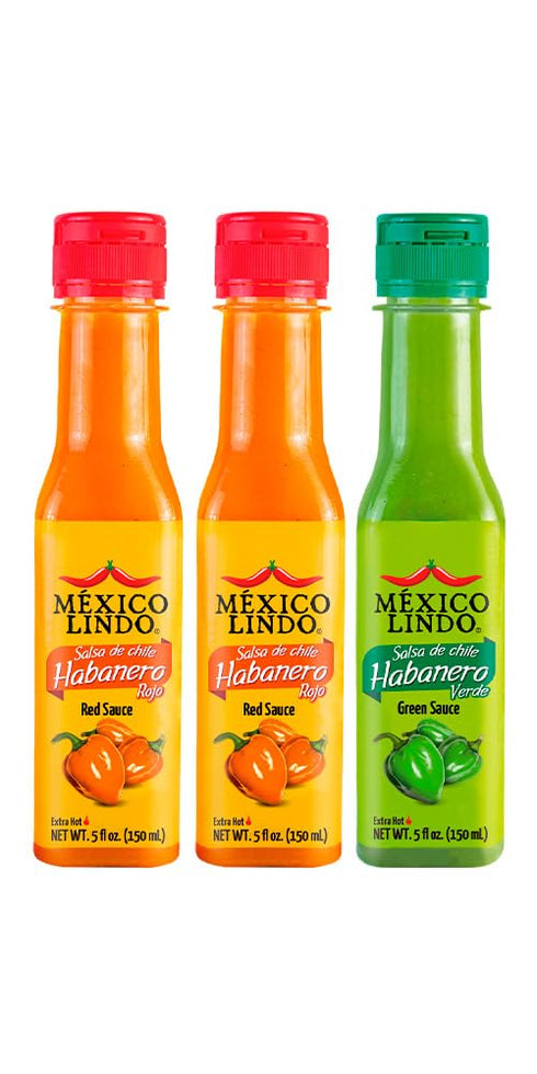 Pack 2 1 5 oz, Pack 3 Mexico Lindo Hot Sauce Variety Display with Red Habanero, Green Habanero, fl