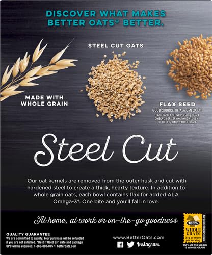 Packets, 10 (Pack 1) Better Oats Steel Cut Instant Oatmeal Original Flavor with Flax Seeds, Quick-Cooking Breakfast