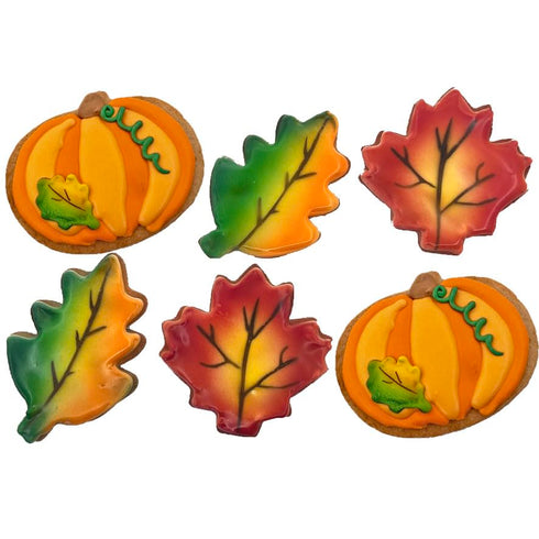 BakersDozenToGo Thanksgiving Fall Leaf and Pumpkin Cookies- Set of 6 Crunchy Shortbread Cookies