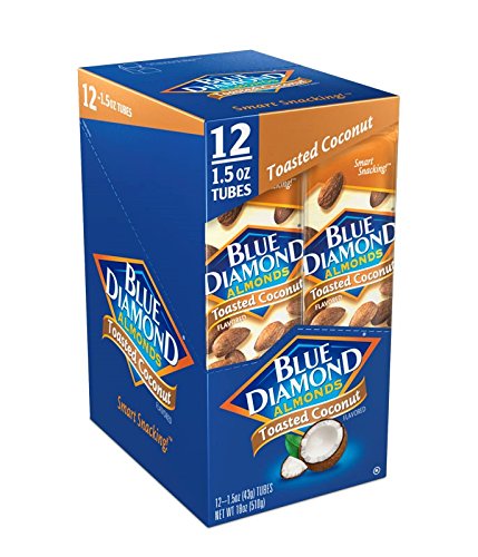 (1.5 Oz. Pack 12) Blue Diamond Almonds, Toasted Coconut Flavored Snack Nuts, Single Serve Bags Tubes