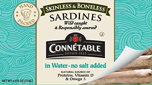 4.375 Pack 12 Sardines | Connetable | Sardines in Water | Skinless Boneless | No salt added | Ounce |