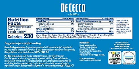 No.1, 1 De Cecco Semolina Pasta, Lasagne Pound