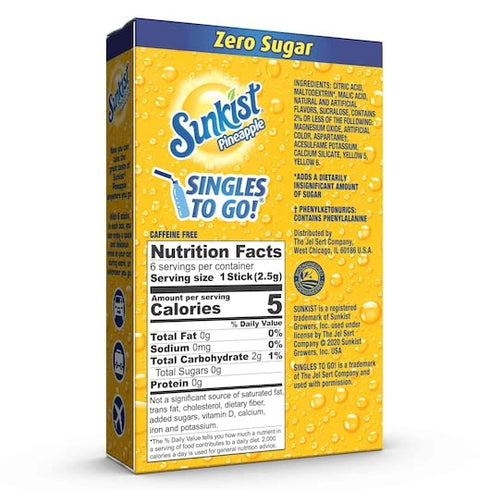6 6 Packets 36 Sunkist Singles To Go Drink Mix Pineapple - Boxes with Each - Total Servings - Delicious Pineapple