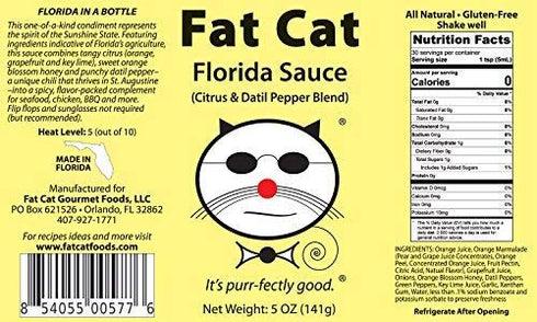6 (5 OZ Florida Sauce Citrus and Datil Pepper Blend Hot Sauce by Fat Cat Gourmet | Sweet and Tangy | For Seafood