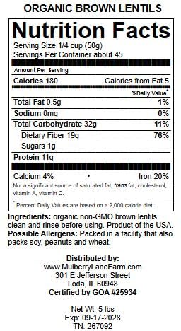 Mulberry Lane Farms 5 Brown Lentils, Small, Pounds USDA Certified Organic, Non-GMO, Bulk, Product of USA