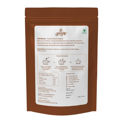 Go-Yogik Chai Masala Spice Blend, Authentic Indian Blend (80 cups) - 3.5oz, Caffeine Free, Vegan, Gluten Free, Herbal
