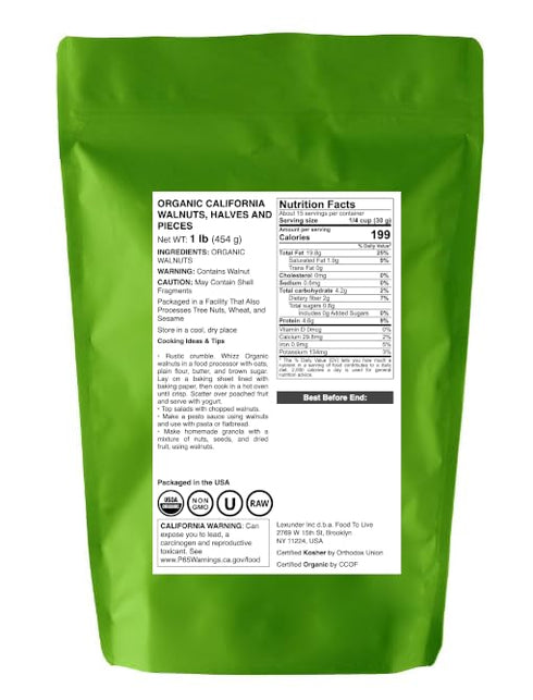 1 Omega-3 Organic California Walnuts Halves & Pieces, Pound Non-GMO, Raw, Unsalted, Shelled, Vegan, Kosher, Sirtfood