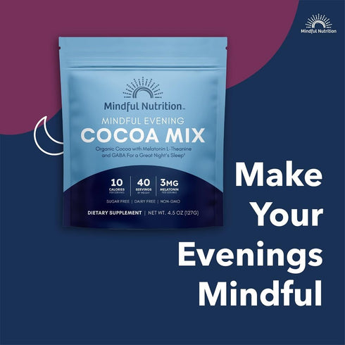 40 3mg, Mindful Evening Sugar Free Cocoa Mix Natural Sleep Aid, Servings, Melatonin L-Theanine, GABA Supplements