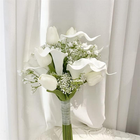 HXSCOO White Calla Lilies with Tulip Bridesmaid Bouquet Flowers Bouquet
