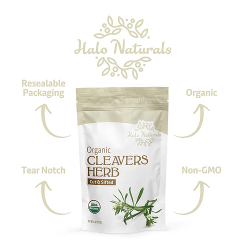 Halo Naturals 4 Packaged Organic Cleavers Herb Cut & Sifted, Ounces (Galium aparine) USDA Certified | Resealable Pouch|