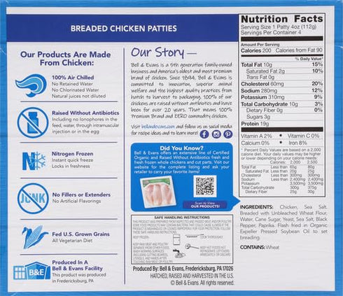 Bell & Evans Frozen 16 oz Breaded Chicken Patties