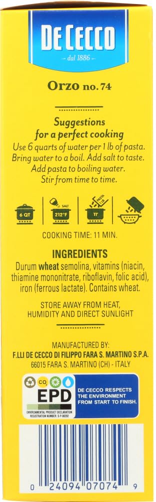 De Cecco No.74, 1 (pack 2) Semolina Pasta, Orzo Pound