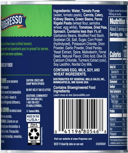 19 oz. Progresso Reduced Sodium, Hearty Minestrone Soup Canned Soup, Gluten Free
