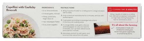 12 Oz Jovial Whole Grain Brown Rice Capellini Pasta - Whole Grain Pasta, Organic, Gluten Free, Dairy Free, Brown Rice