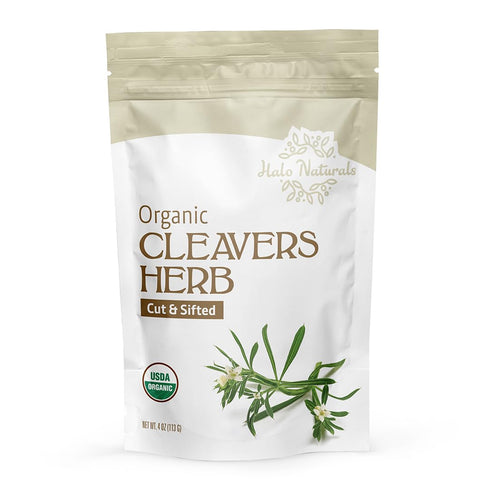 Halo Naturals 4 Packaged Organic Cleavers Herb Cut & Sifted, Ounces (Galium aparine) USDA Certified | Resealable Pouch|