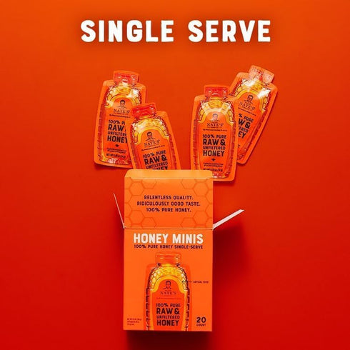 Nate's Honey Minis, 0.49oz Packets, 20ct Box – Single-Serve 100% Pure, Raw & Unfiltered Honey